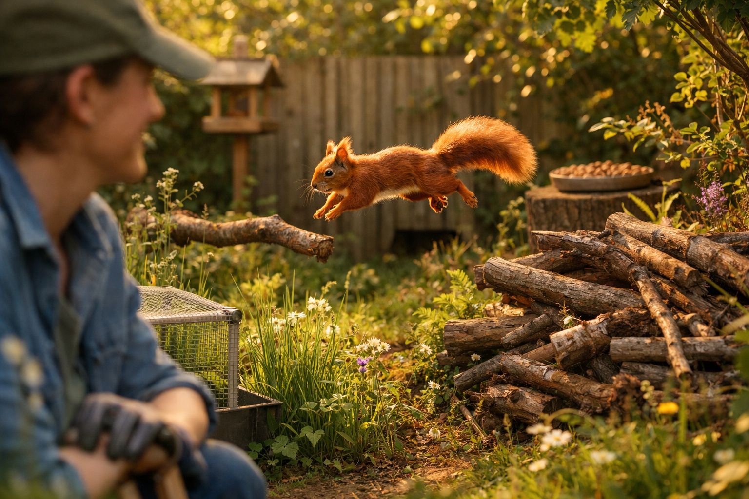 Esquilo castanho sobre vedação de madeira junto a jardim e comedouro de aves numa casa.