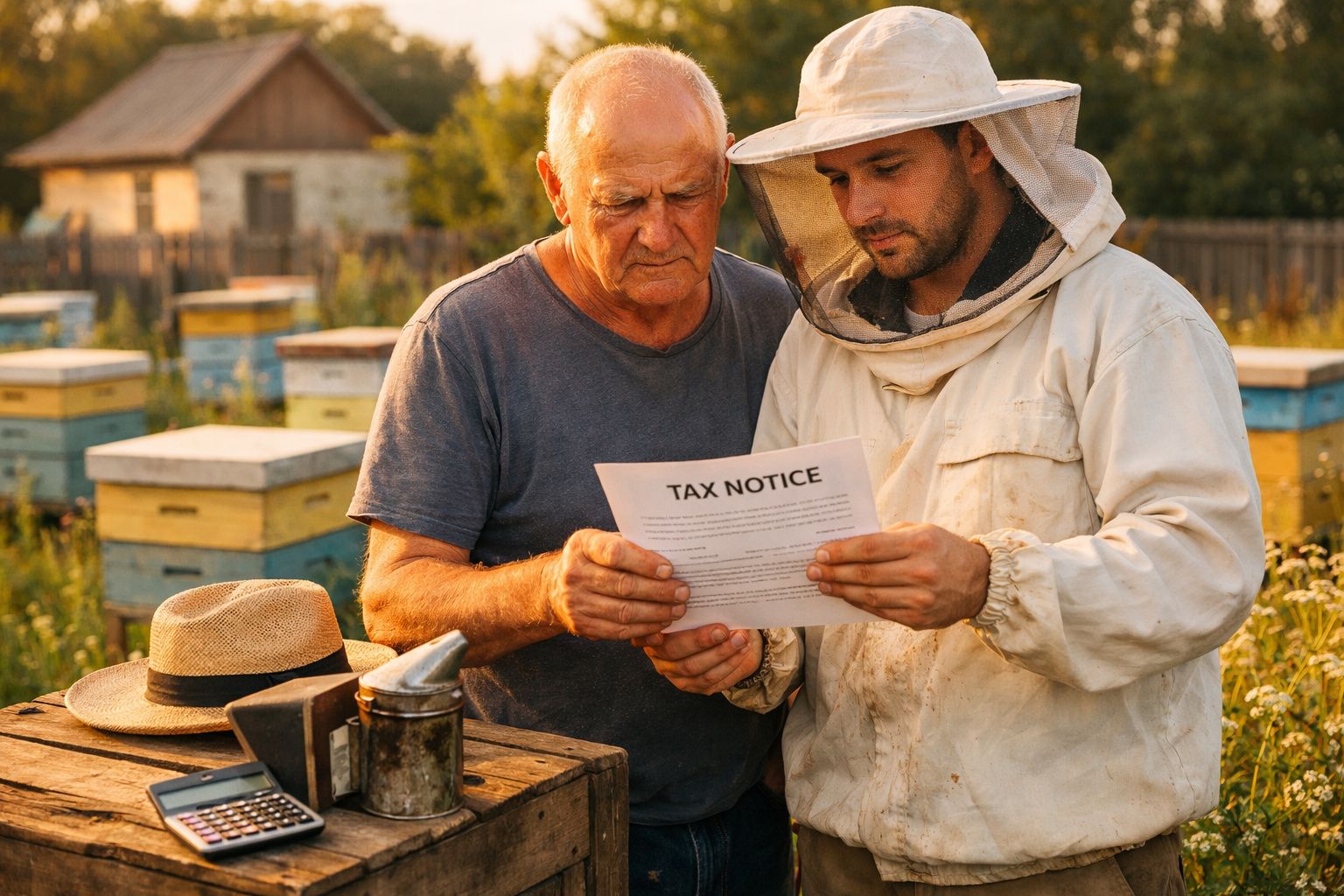Dois apicultores analisam documentos num campo com colmeias e flores ao fundo.