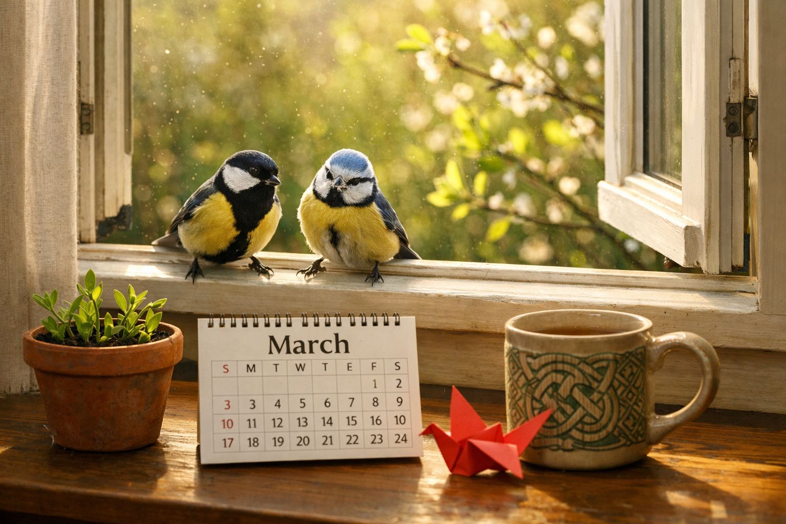 Dois pássaros pousados na janela, com calendário de março, caneca, origami vermelho e planta num vaso.