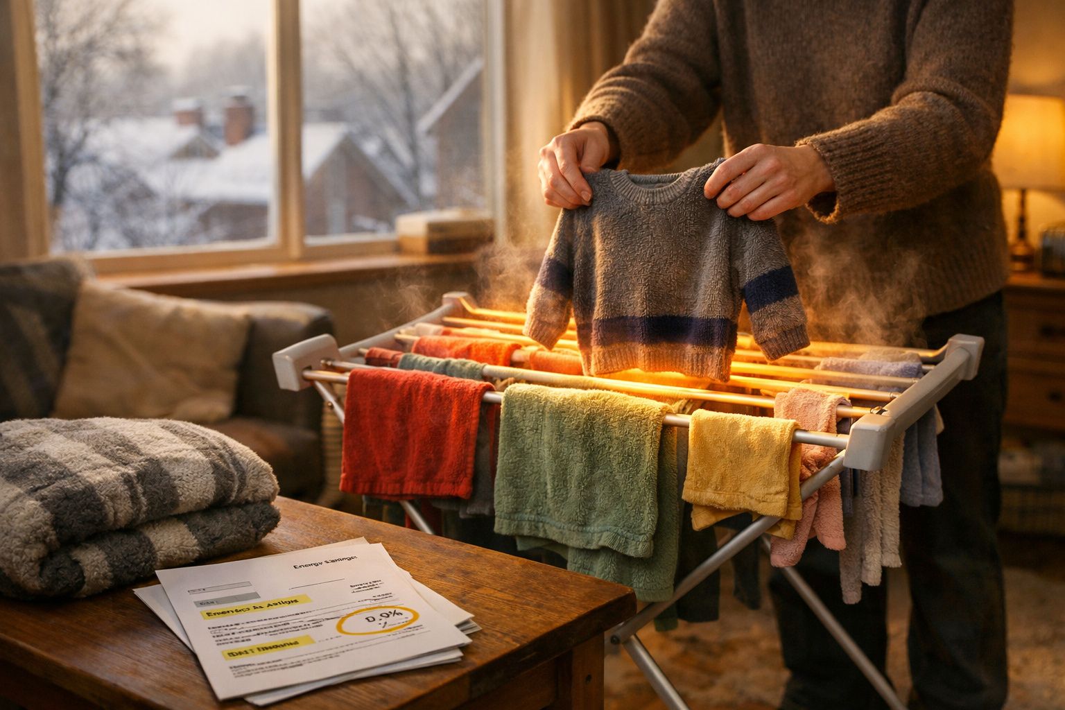 Mulher a passar a ferro roupa de bebé a vapor dentro de casa, com tablet e livros numa mesa à frente.