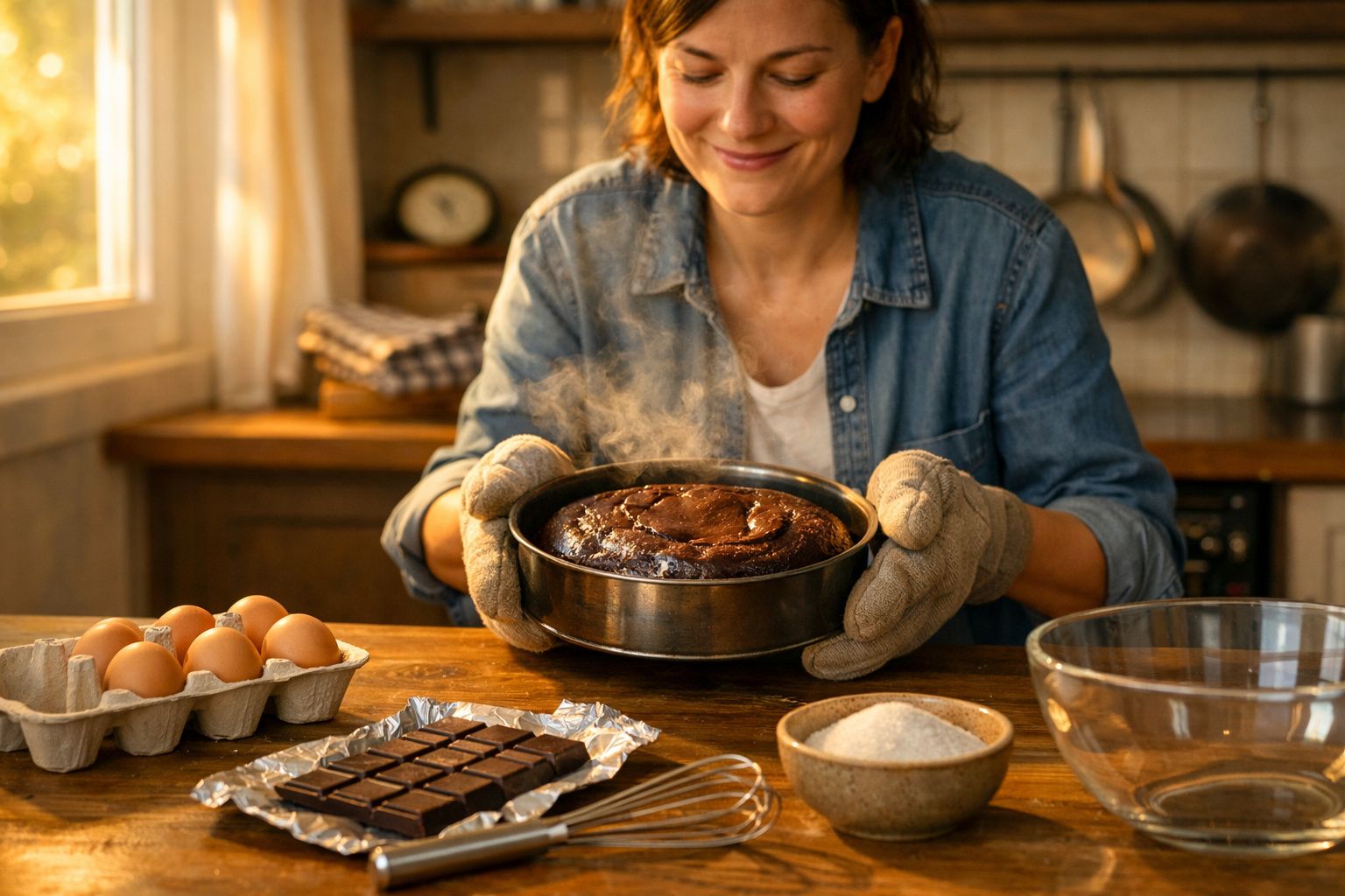 Pessoa a verter massa de chocolate para forma de bolo numa cozinha com ingredientes e livro de receitas.