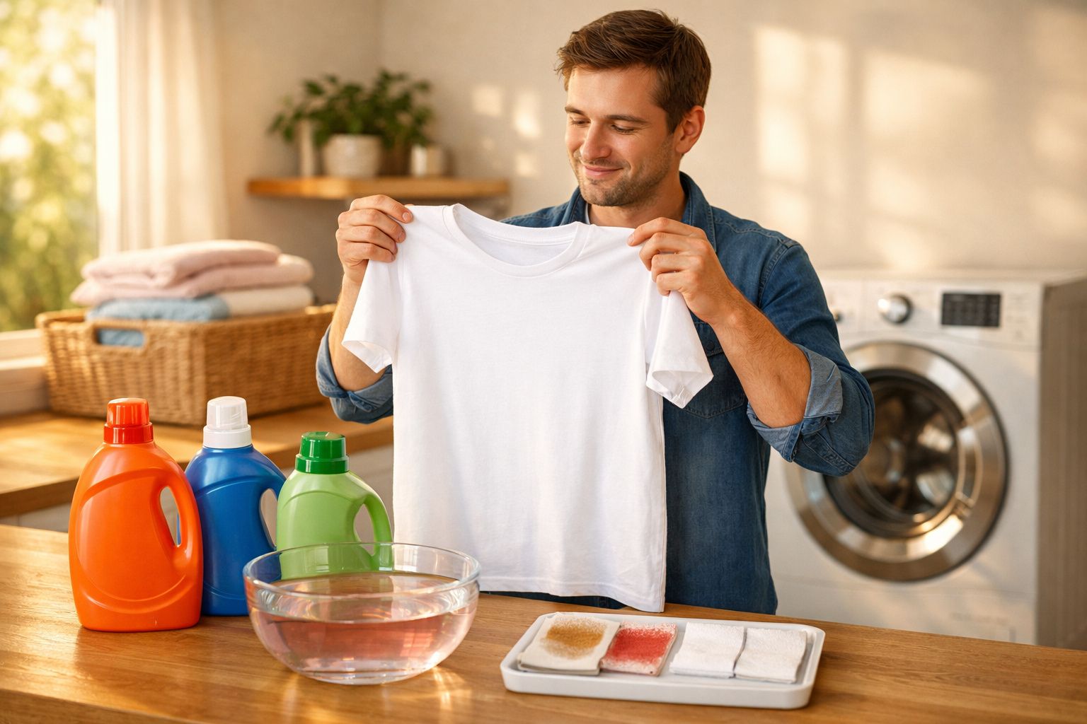 Pessoa a segurar t-shirt branca com manchas de comida perante máquina de lavar roupa numa lavandaria doméstica.