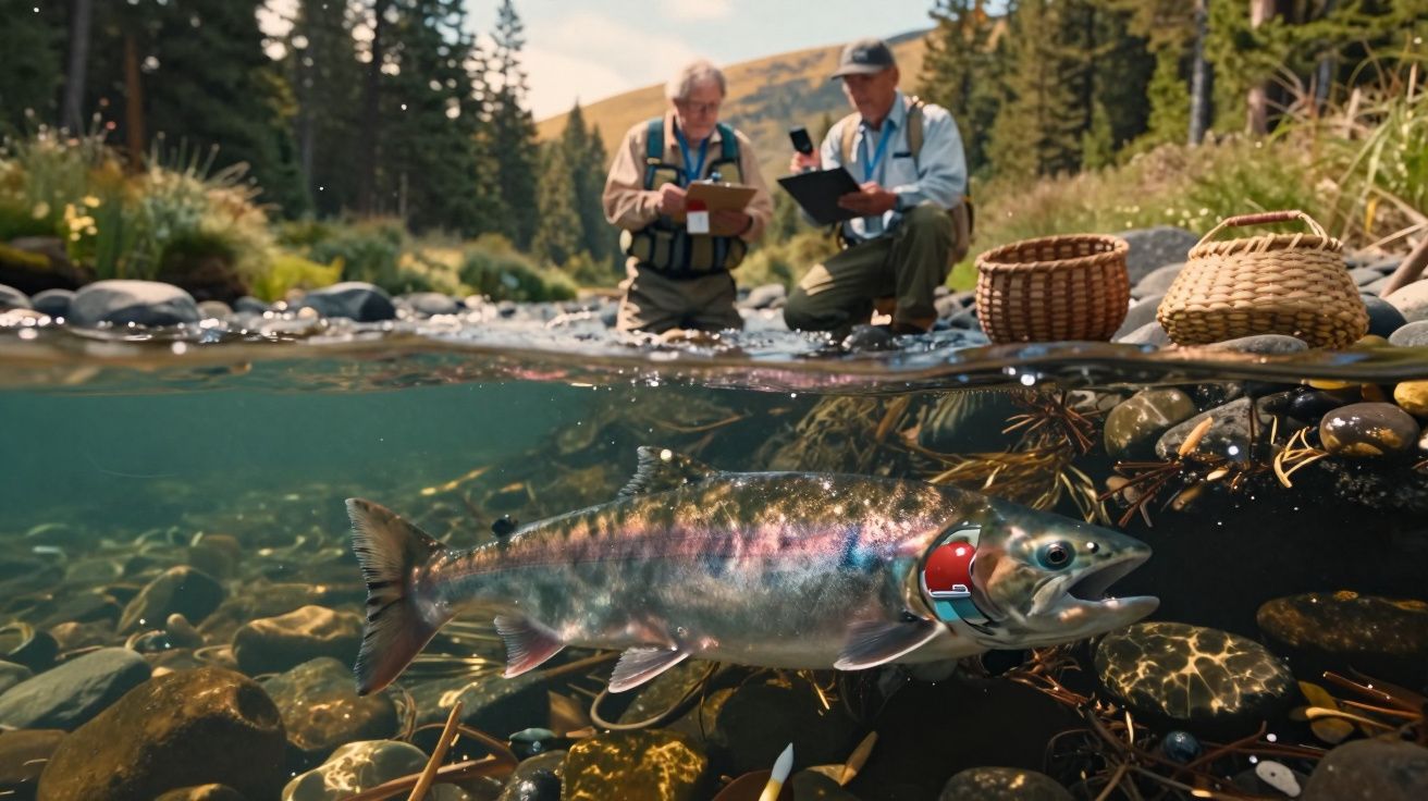 Investigadores junto a um rio a observar um salmão com colar de rastreamento submerso na água.