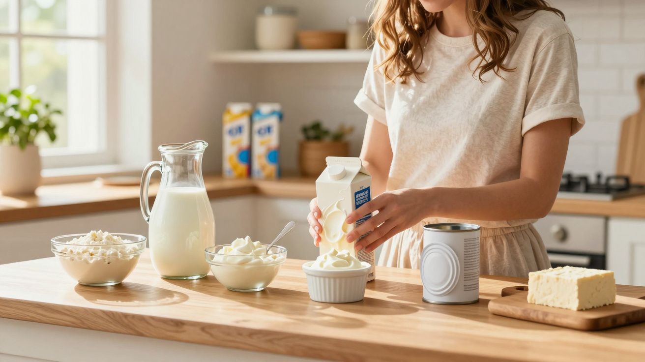 Mulher a preparar iogurtes caseiros numa cozinha com vários produtos lácteos sobre a bancada de madeira.