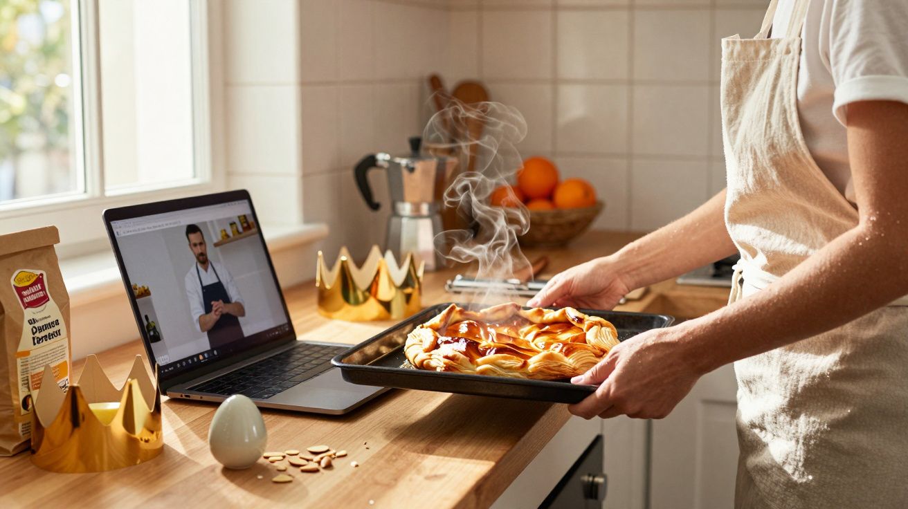 Pessoa na cozinha a tirar do forno uma galette das reis fumegante, com coroas douradas e receita online no computador.