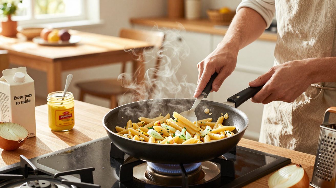 Pessoa cozinhar massa penne numa frigideira sobre fogão a gás numa cozinha iluminada.