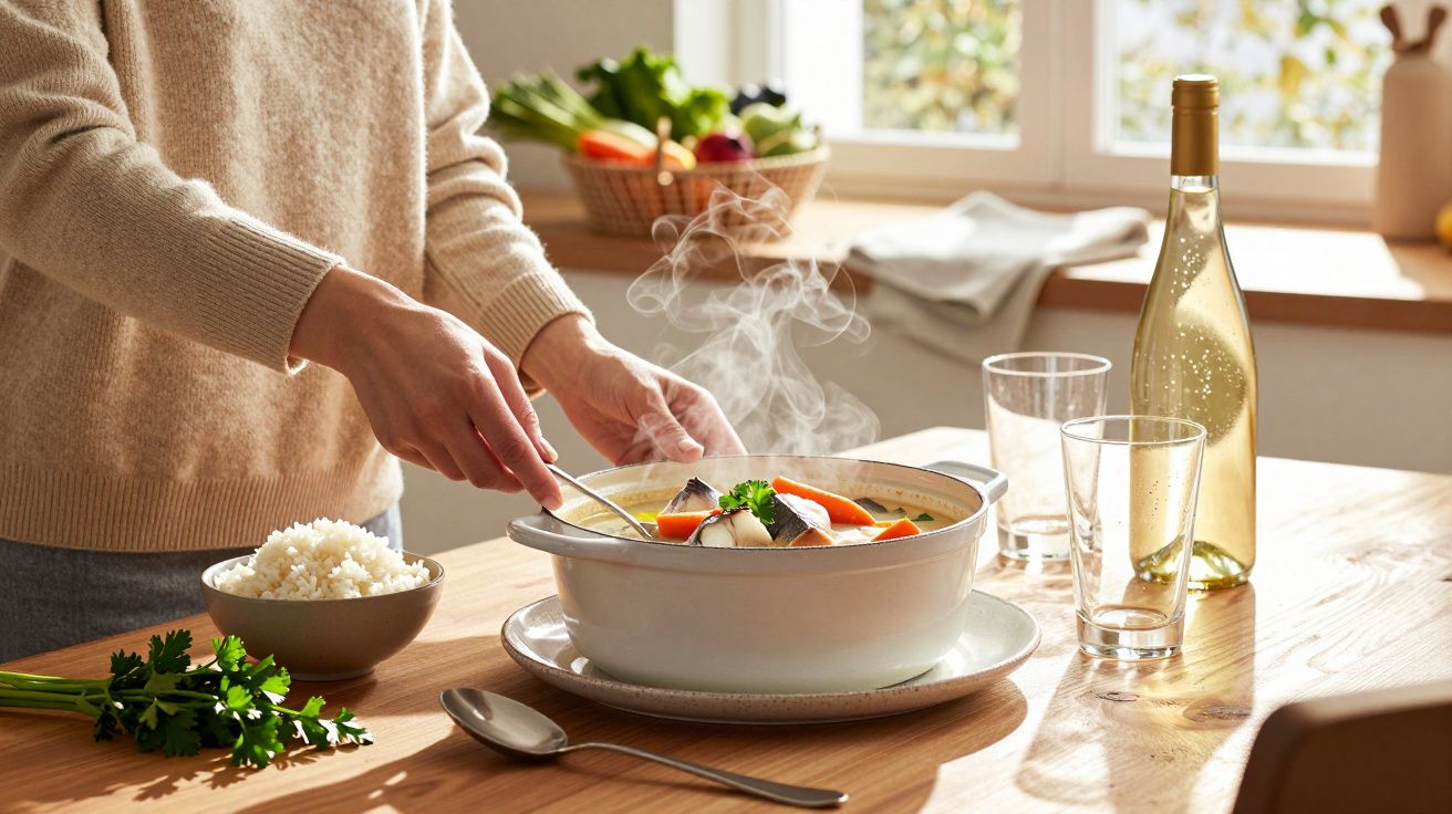 Pessoa a servir sopa fumegante com legumes num tacho branco, ao lado de arroz, copos e garrafa de vinho numa mesa de madeira.