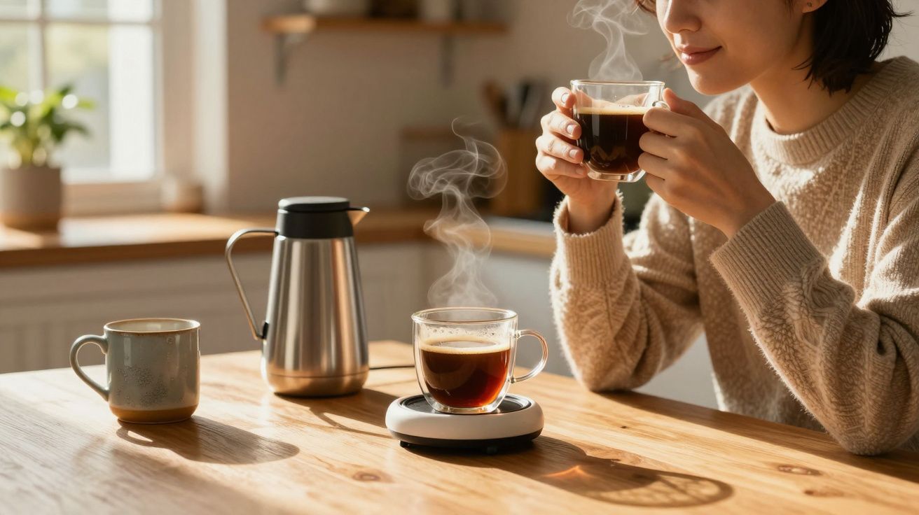 Mulher a saborear café quente numa cozinha iluminada, com chávenas e cafeteira numa mesa de madeira.