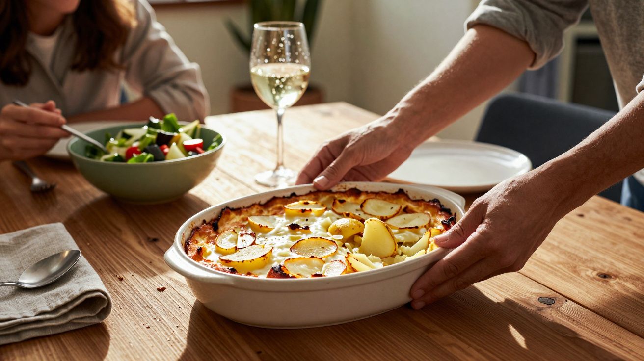 Pessoa a colocar um prato de forno com batatas gratinadas numa mesa com salada e copo de vinho branco.