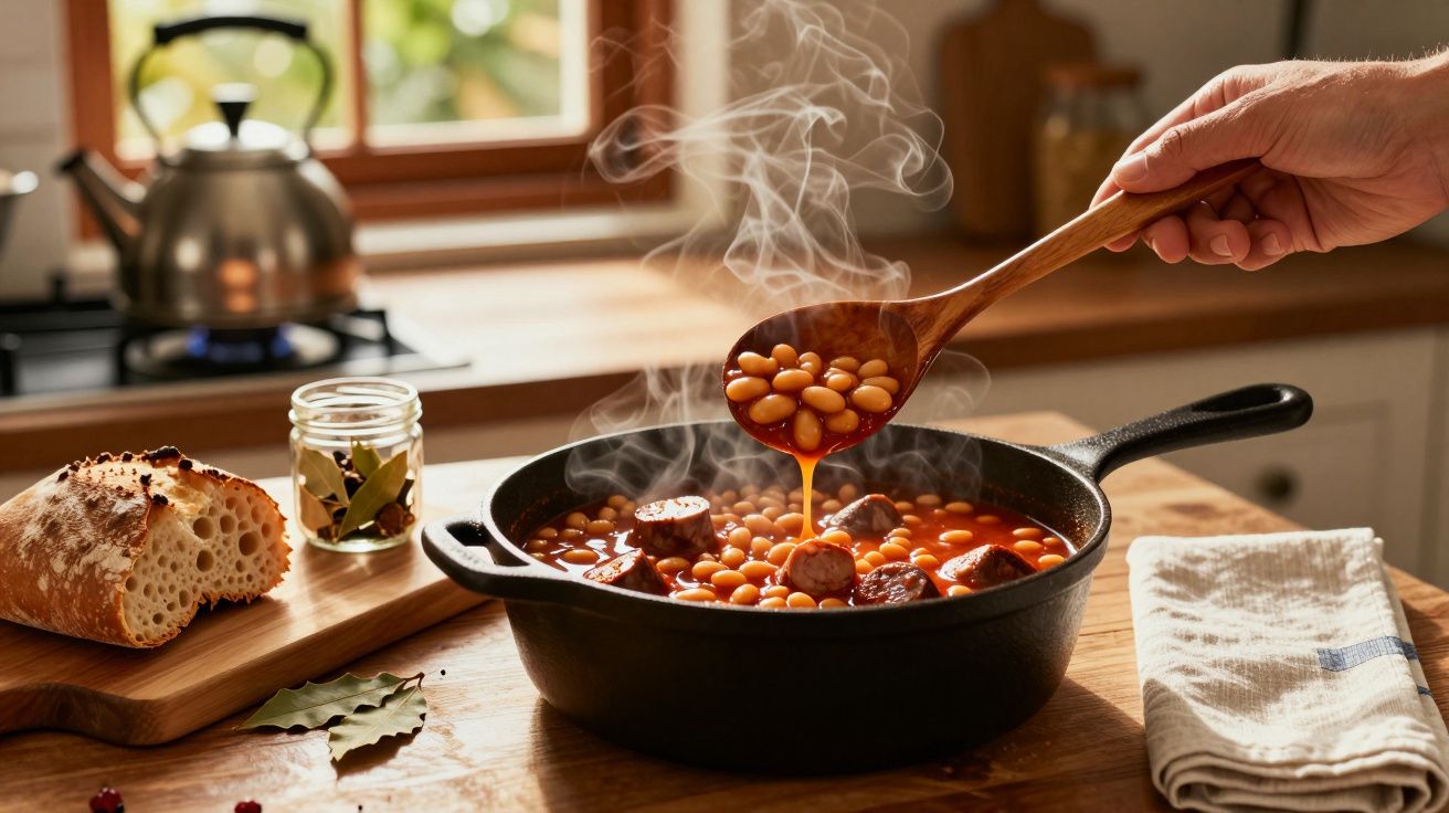 Panela de ferro com feijão a fumegar e chouriço, pão rústico e ervas numa cozinha iluminada.