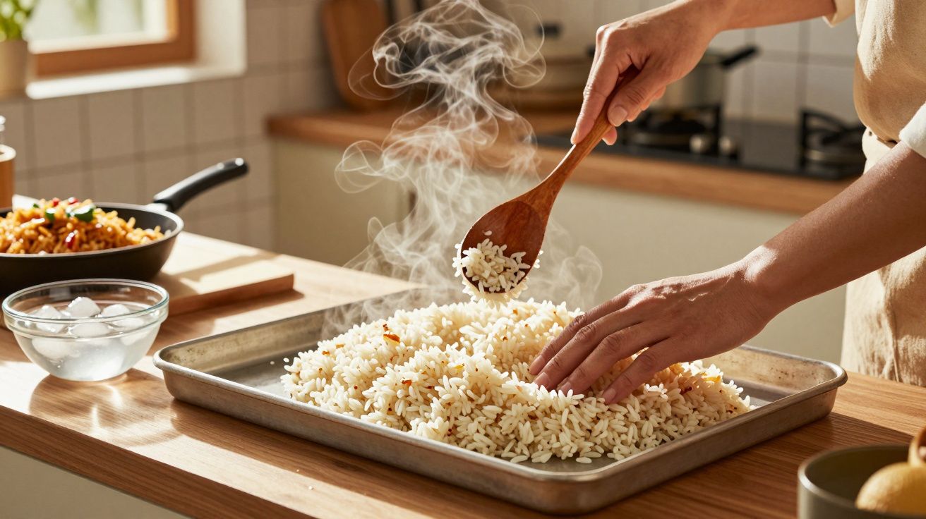 Mãos a mexer arroz quente e fumegante numa tabuleiro de metal numa cozinha iluminada.