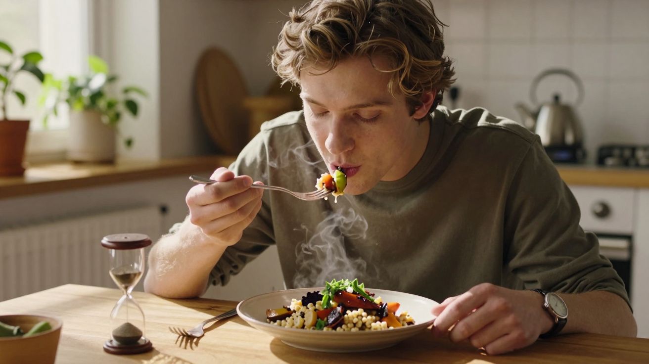 Homem a saborear uma refeição quente com vegetais e massa em cozinha iluminada por luz natural.