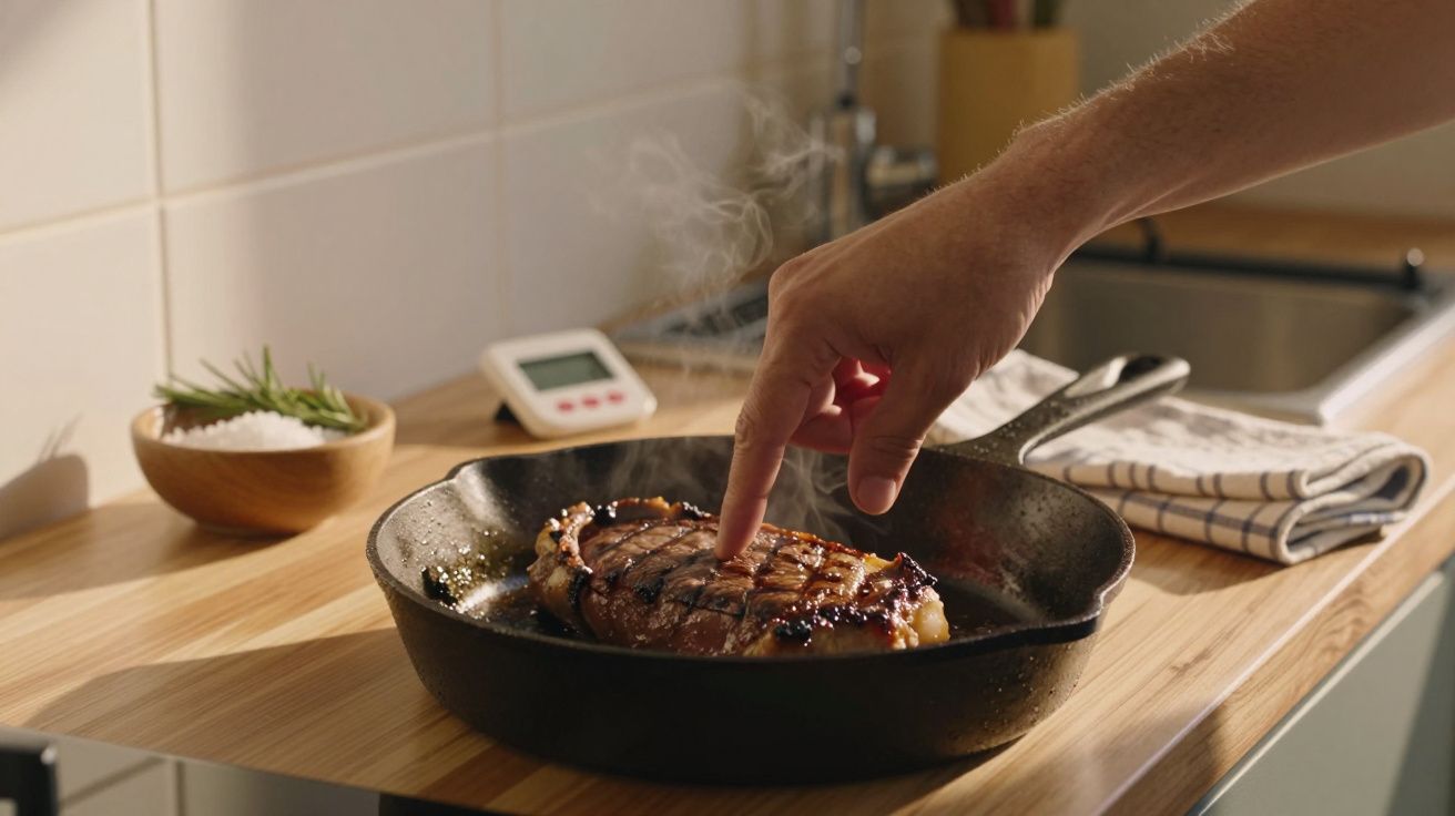 Mão a tocar num bife a grelhar numa frigideira de ferro sobre uma bancada de cozinha.