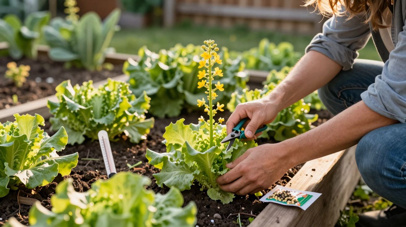 Pessoa a cortar flores amarelas de alface num canteiro de jardim urbanó em dia solarengo.
