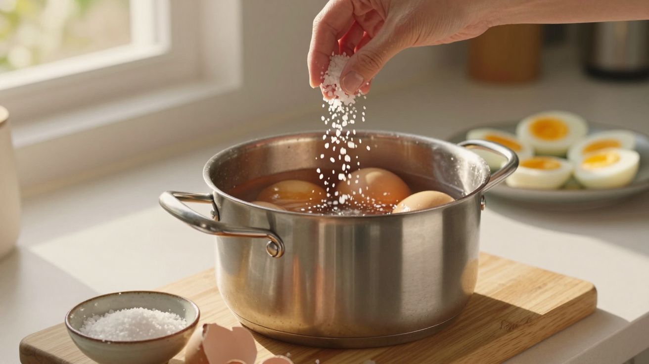 Mão a salgar ovos numa panela com ovos cozidos, com cascas e ovos partidos ao fundo.