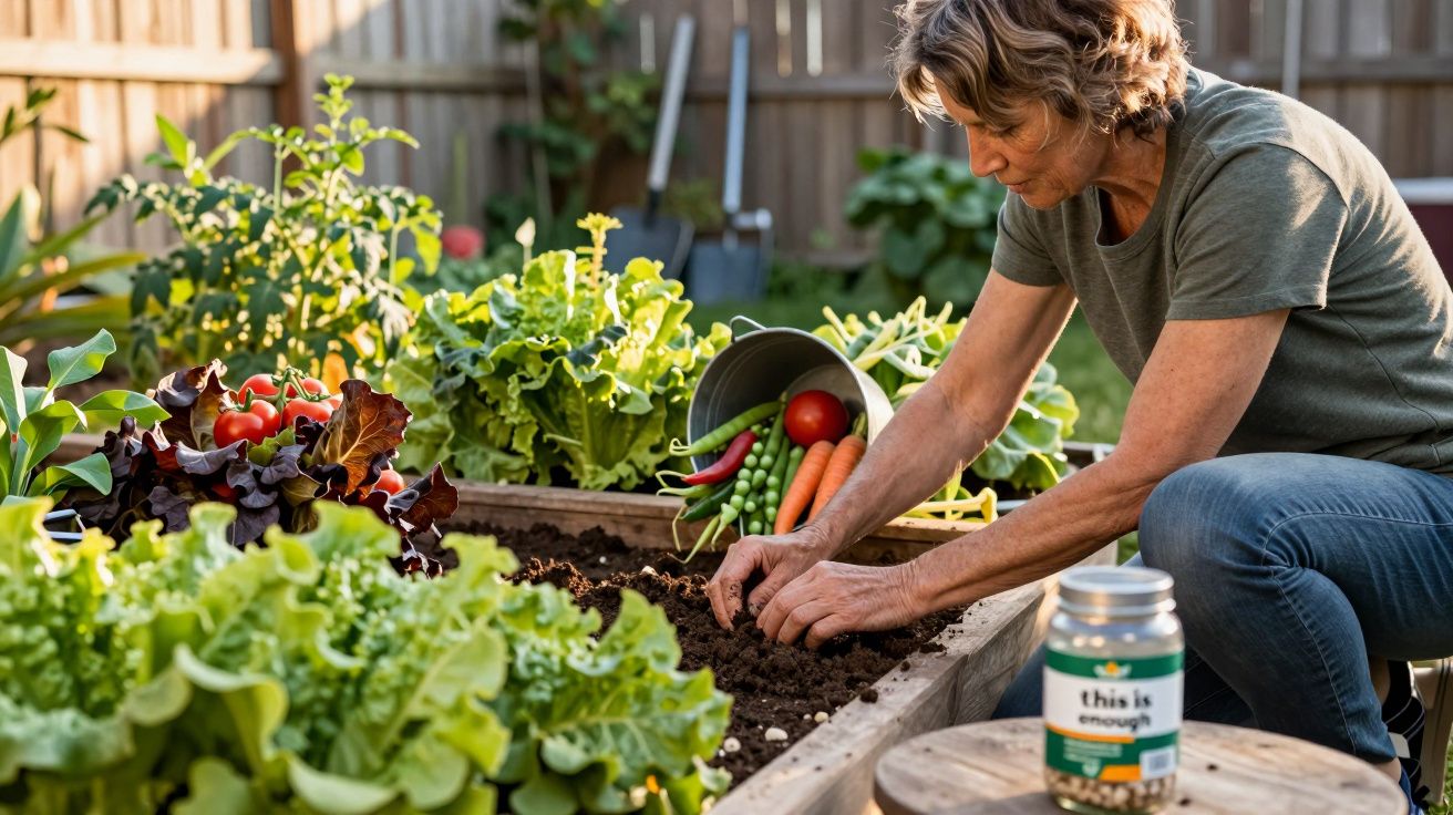 Mulher a plantar sementes em jardim com legumes frescos e alface, em jardim encerrado.