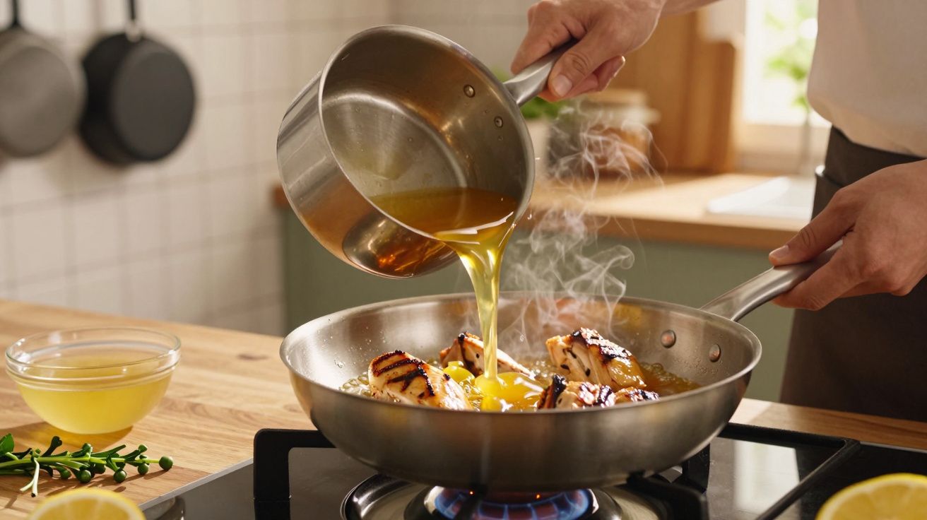 Pessoa a verter molho quente sobre pedaços de frango grelhado numa frigideira a cozinhar no fogão.