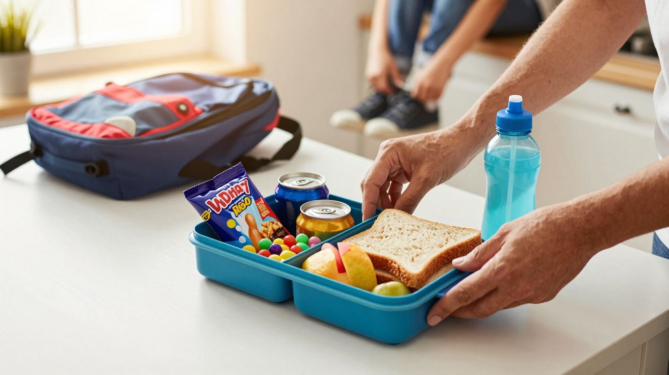 Mãos a preparar lancheira com sanduíche, frutas, bolachas, bebidas e garrafa de água, com mochila ao fundo.