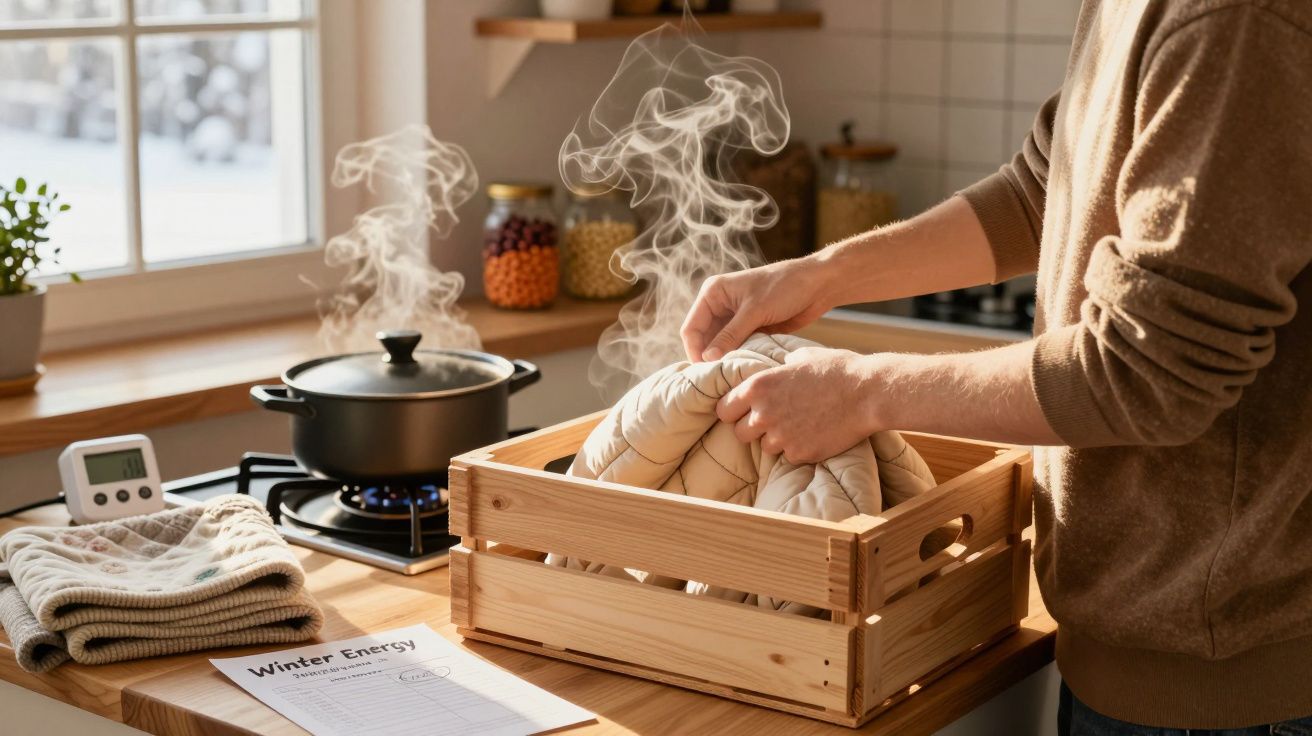 Pessoa a retirar cesta de madeira do forno numa cozinha com panela a ferver no fogão.