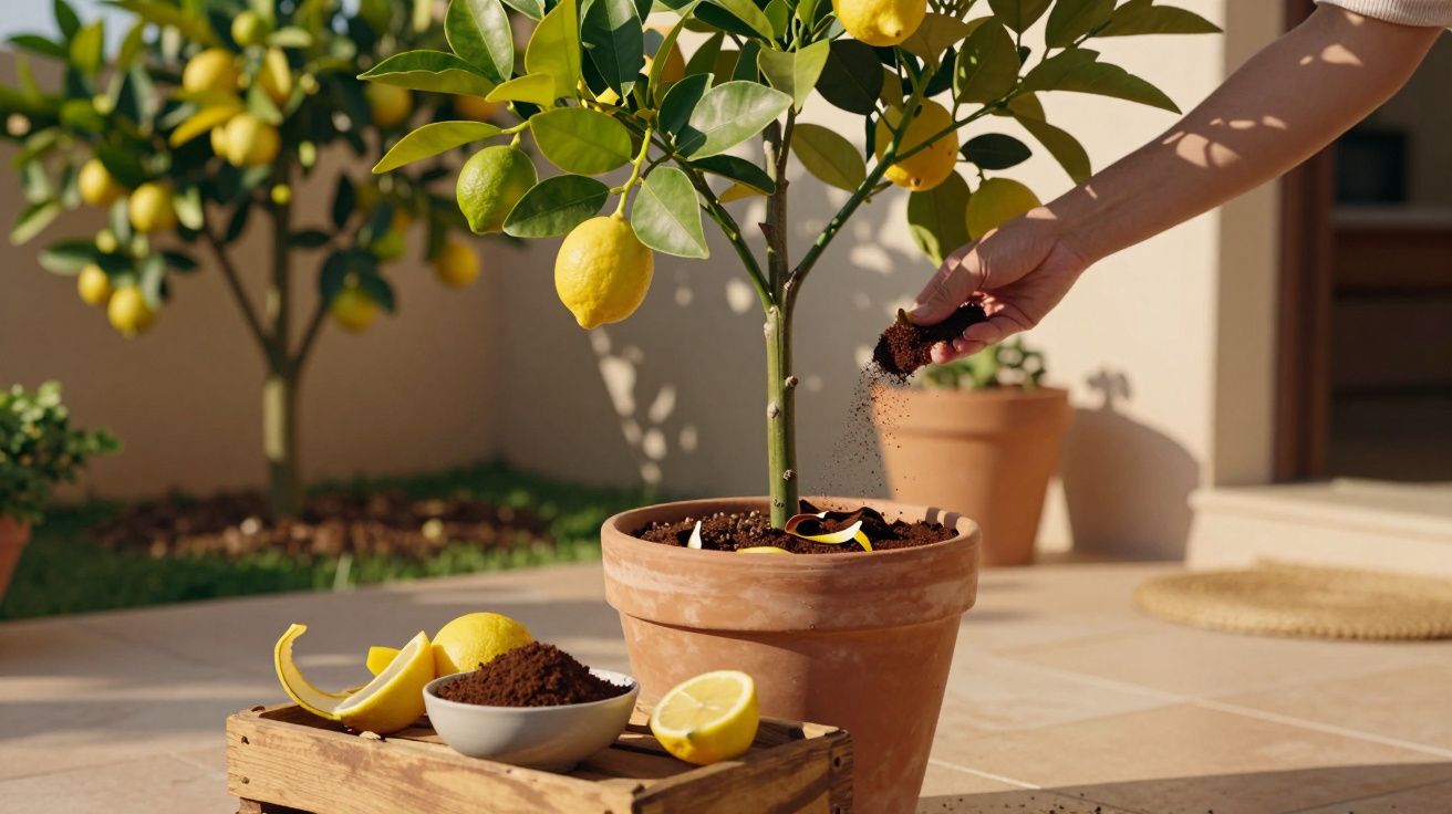 Pessoa a adubar planta de limão num vaso, com limões, terra e cascas numa caixa de madeira.