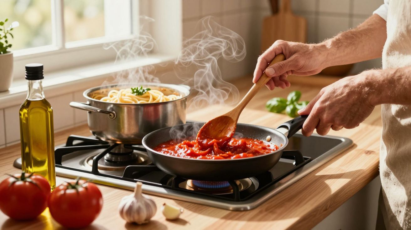 Pessoa a cozinhar molho de tomate numa frigideira ao lado de massa num tacho, com ingredientes frescos numa cozinha iluminada