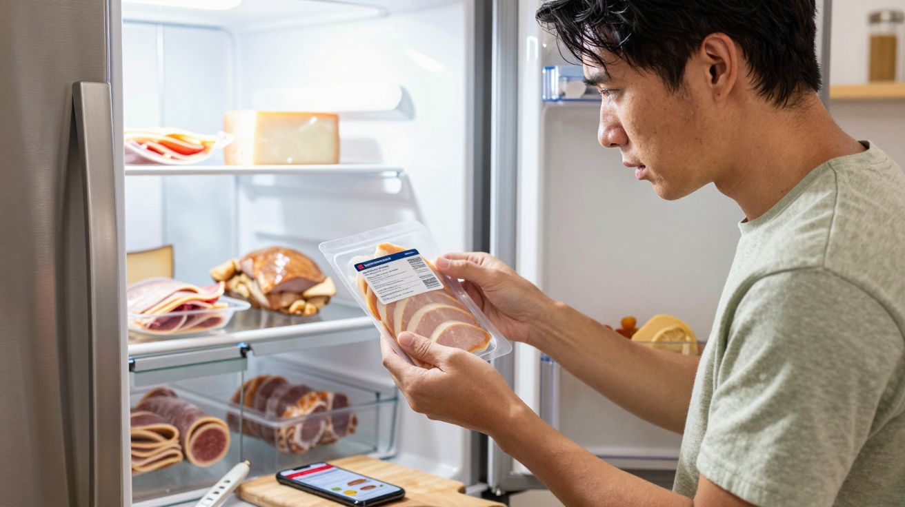 Homem a olhar embalagem de fiambre dentro de frigorífico aberto na cozinha.