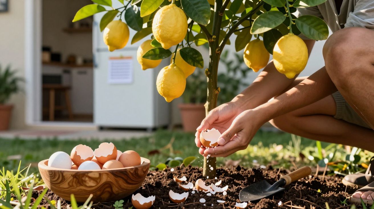 Pessoa a colocar cascas de ovos no solo junto a uma árvore de limão com frutos maduros no jardim.