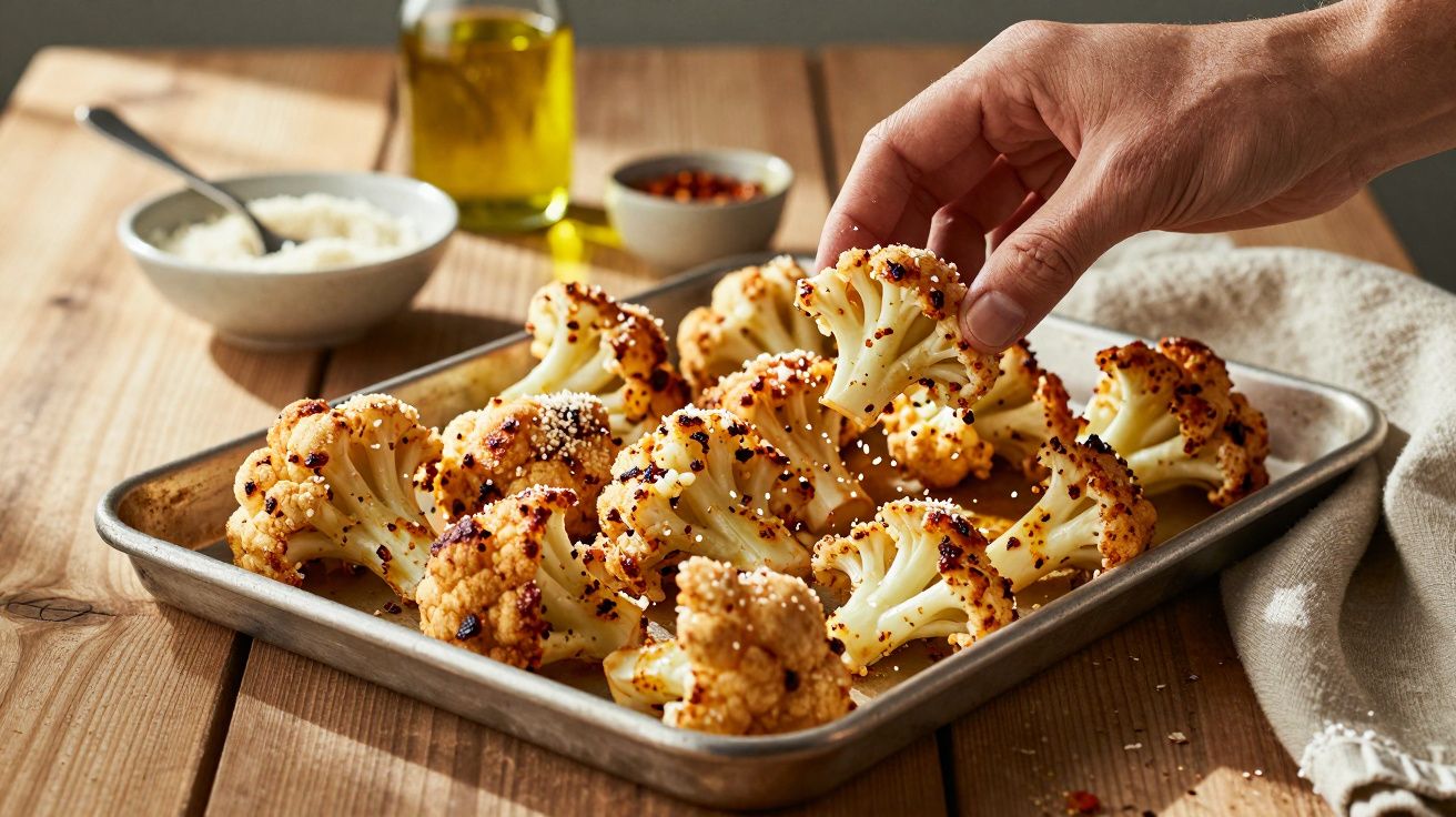 Mão a pegar couve-flor assada com especiarias numa assadeira metálica sobre mesa de madeira.