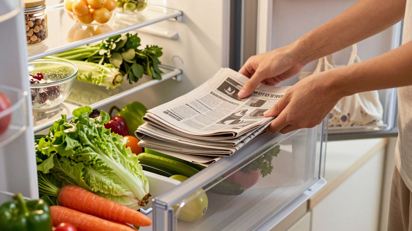 Pessoa a colocar jornais numa gaveta do frigorífico cheio de legumes frescos.