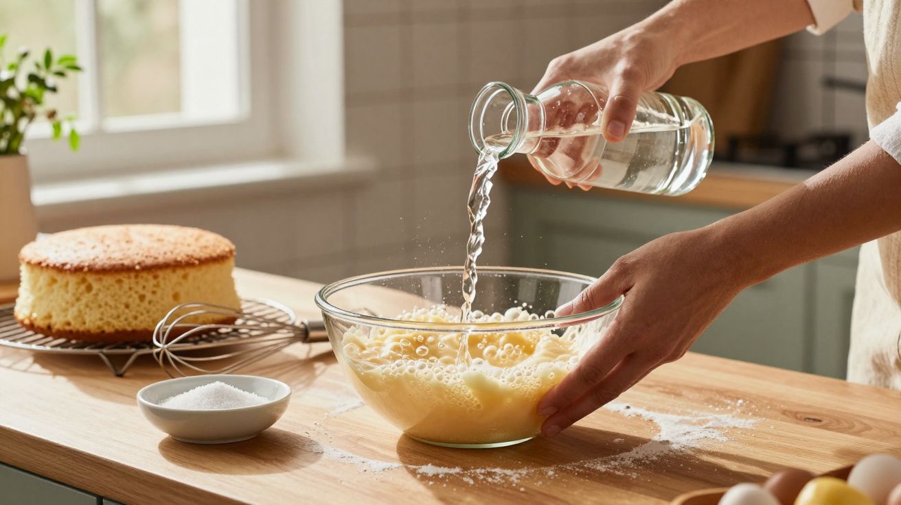 Pessoa a despejar líquido numa tigela com mistura para bolo, bolo já cozido e ingredientes numa bancada de cozinha.