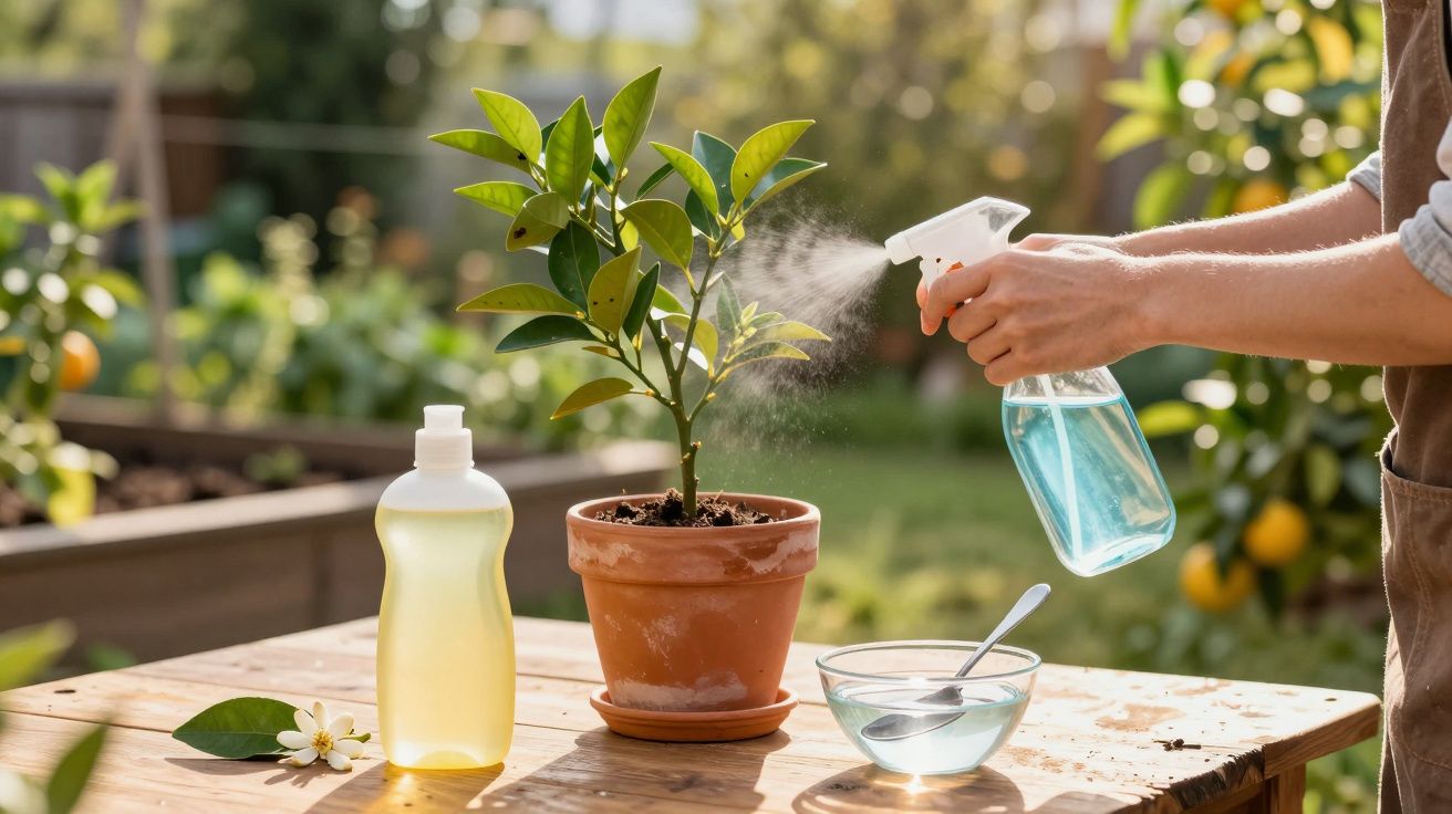 Pessoa a pulverizar uma planta em vaso, sobre uma mesa de madeira com utensílios de jardinagem.