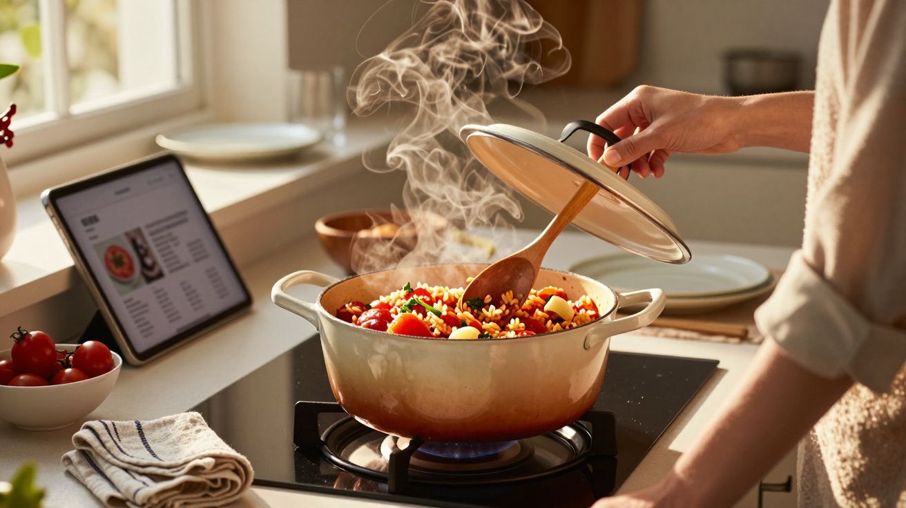 Pessoa a cozinhar massa com tomate numa panela de ferro num fogão a gás numa cozinha moderna.