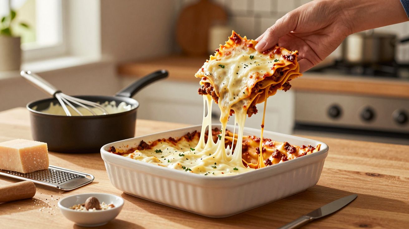 Mão a servir lasanha com queijo derretido em travessa branca na bancada da cozinha.