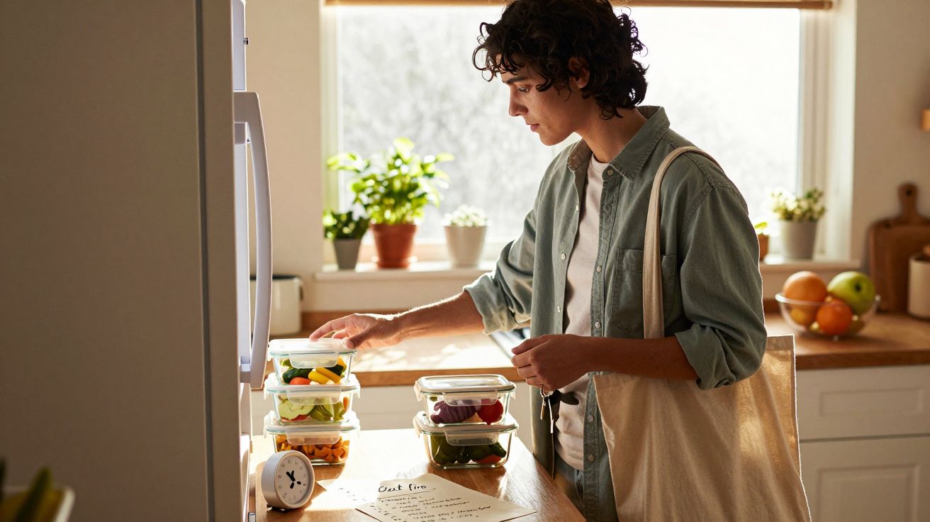 Pessoa a guardar caixas de vidro com legumes frescos numa cozinha iluminada e com plantas na janela.