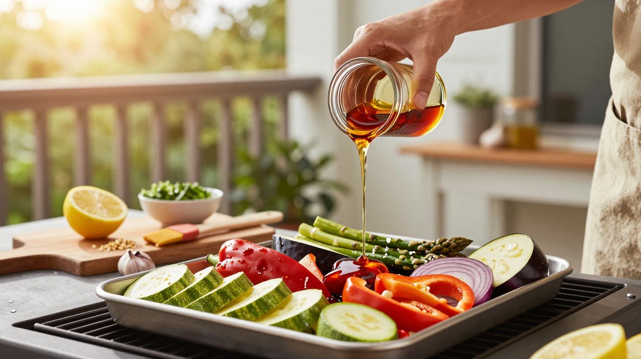 Pessoa a verter azeite sobre legumes variados numa forma de metal para cozinhar ao ar livre numa cozinha iluminada naturalmen