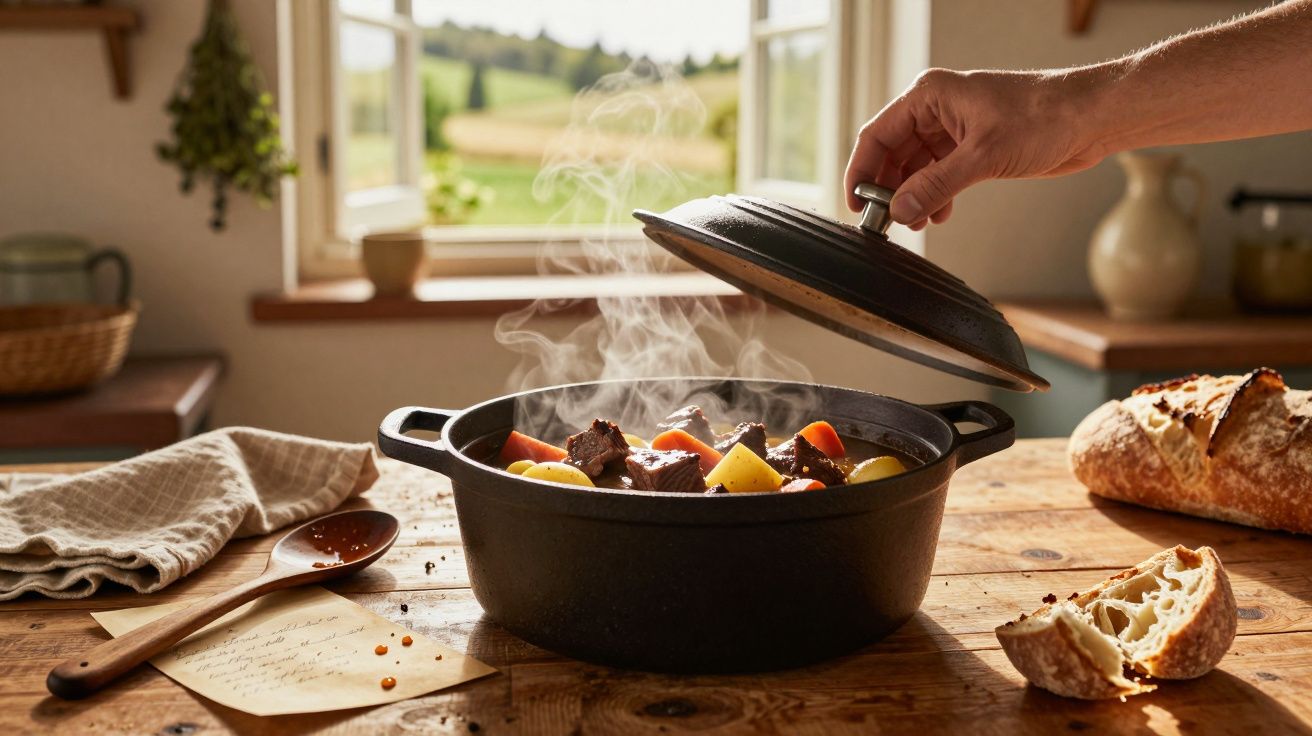 Panela preta com guisado de carne e legumes a fumegar numa mesa de madeira junto a pão partido e janela aberta.