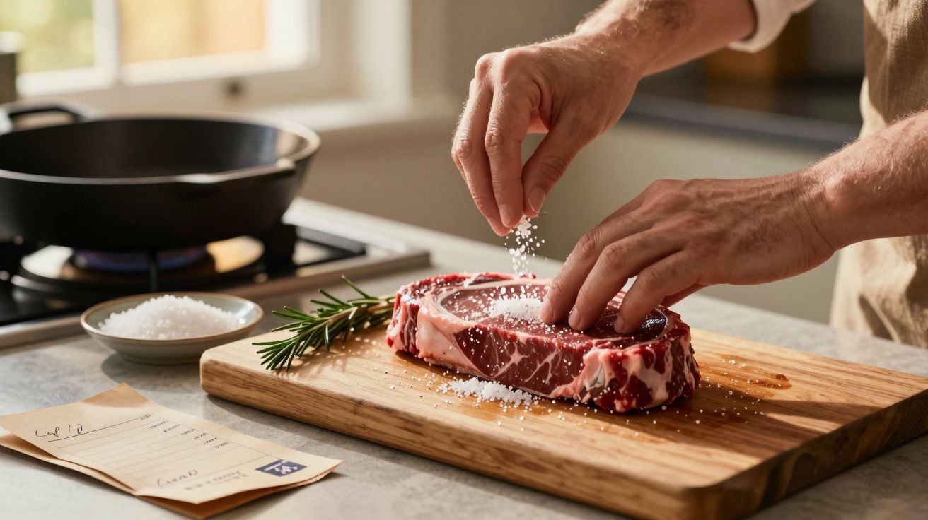 Mãos a temperar um bife de carne crua com sal grosso numa tábua de madeira, junto a uma colher de sal e um ramo de alecrim.