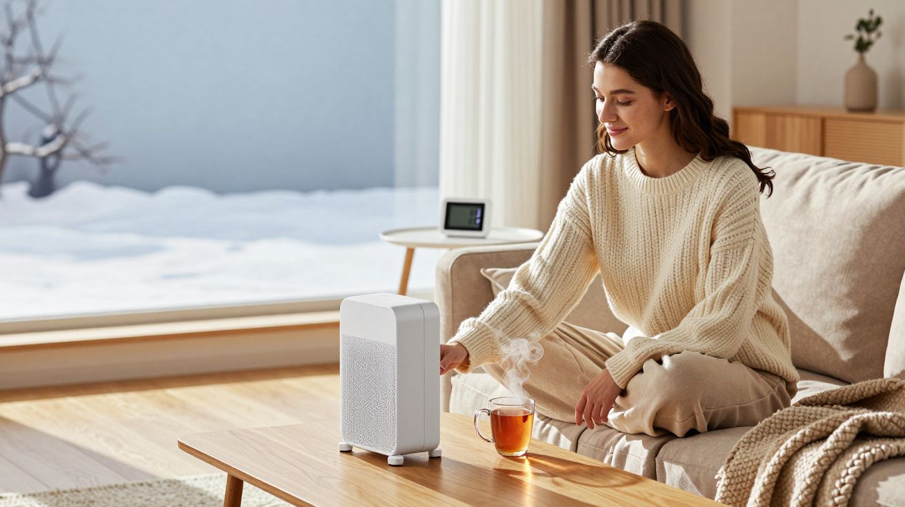 Mulher sentada no sofá ajusta aquecedor portátil de mesa numa sala iluminada com chá quente numa chávena.