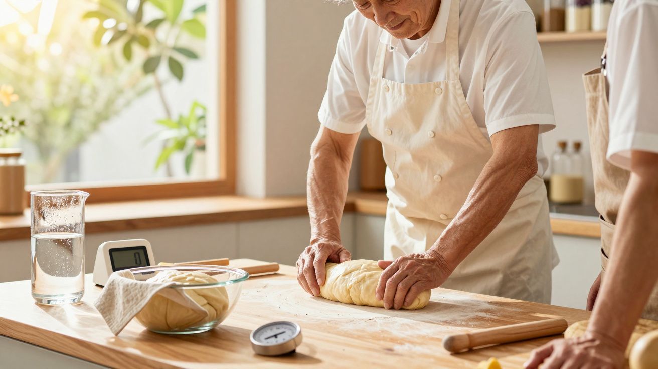 Pessoa idosa a amassar massa numa cozinha com luz natural, usando avental branco.