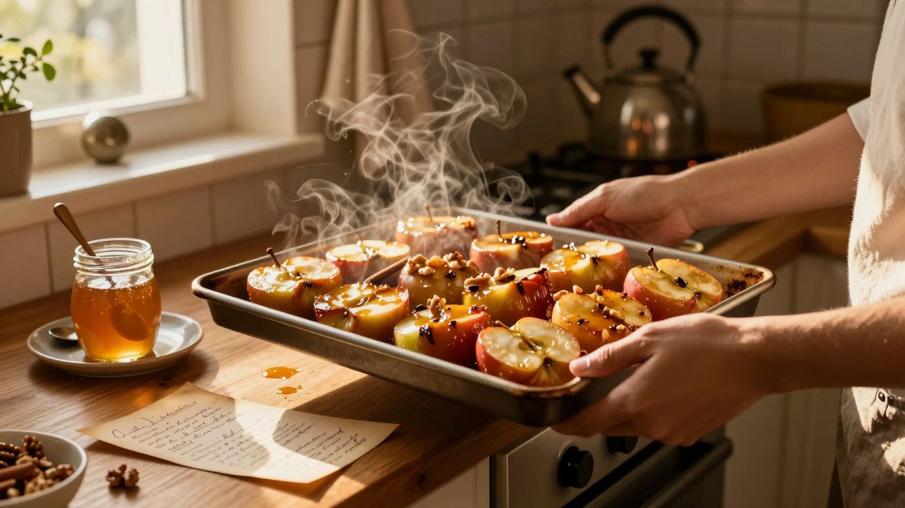 Pessoa a retirar do forno tabuleiro com maçãs assadas, mel e nozes na cozinha iluminada pela luz natural.