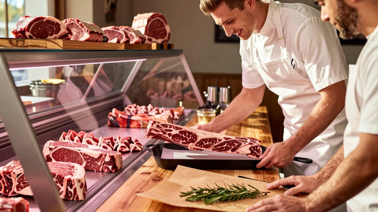 Talhante a colocar grande corte de carne numa travessa com outros pedaços de carne à sua volta.