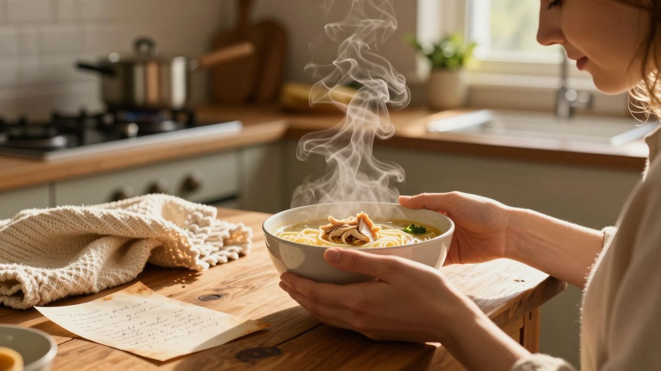 Pessoa a segurar tigela com sopa quente de noodles e cogumelos numa cozinha acolhedora.