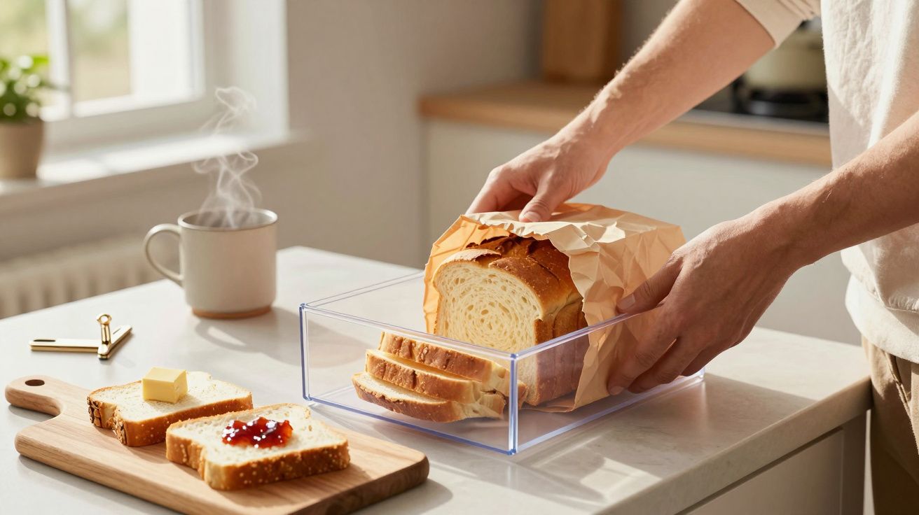 Pessoa a colocar pão de forma num recipiente transparente, com torradas, manteiga, compota e chá quente na mesa.