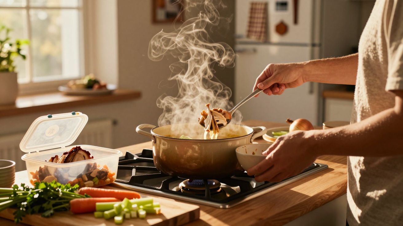Pessoa a cozinhar sopa quente num tacho no fogão, com legumes frescos à frente numa bancada de madeira.