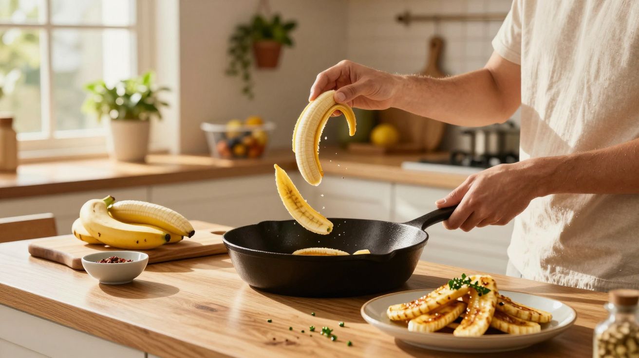 Pessoa a cozinhar bananas em rodelas numa frigideira na cozinha com luz natural.