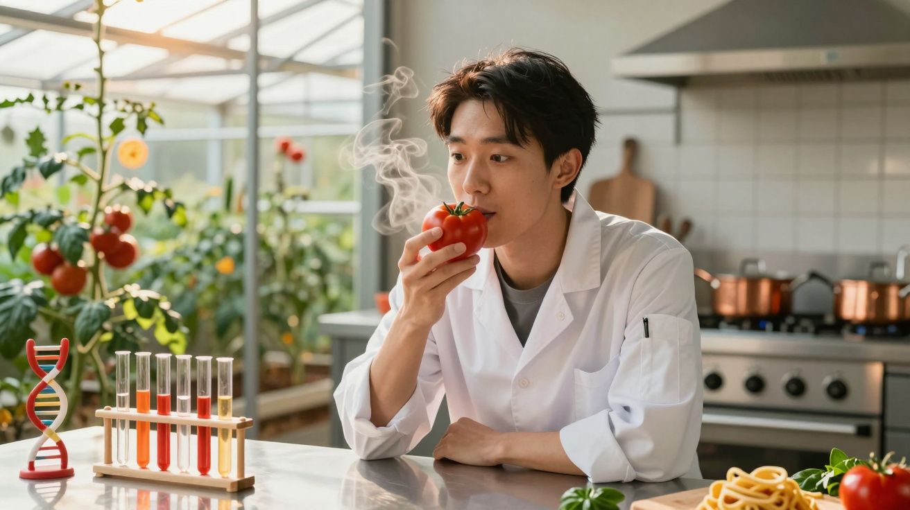 Homem com bata branca cheira tomate em laboratório com tubos de ensaio e plantas ao fundo.