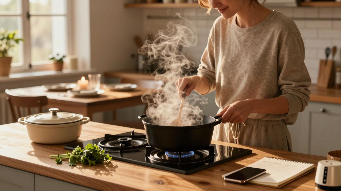 Pessoa a cozinhar com uma panela a ferver no fogão a gás numa cozinha luminosa e acolhedora.