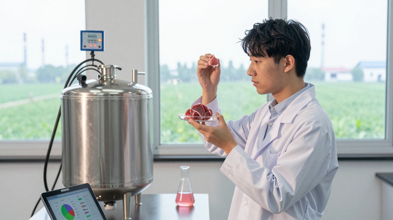 Cientista em laboratório analisa amostra vermelha próxima a equipamento e janela com vista para campo verde.