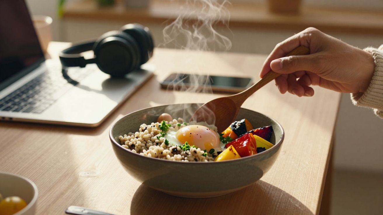 Pessoa mexe com colher em tigela com arroz, ovo cozido e legumes ao lado de computador e auscultadores.