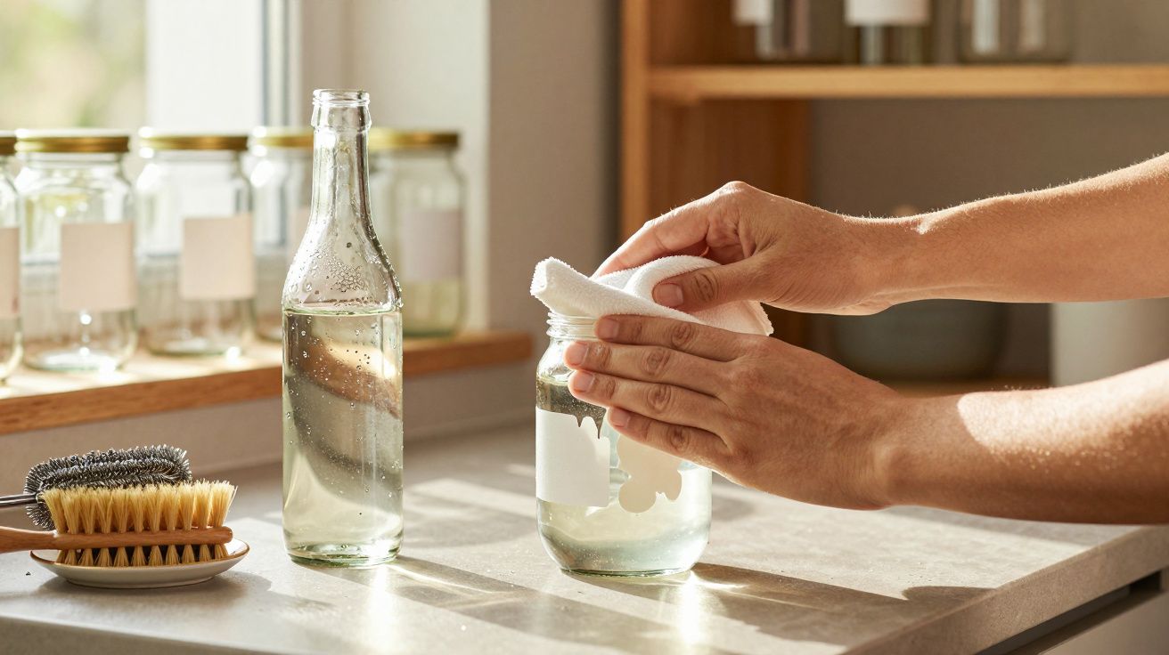 Mãos a limpar frasco de vidro transparente numa bancada com escovas e garrafa ao lado, luz natural.